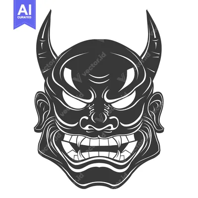 Premium design asset: Black and White Illustration of a Japanese Oni Mask