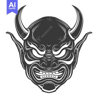 Premium design asset: Black and White Illustration of a Japanese Oni Demon Mask