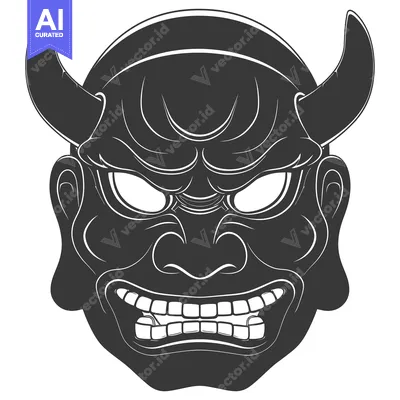 Aset premium populer: Black and White Illustration of a Japanese Oni Mask with Horns