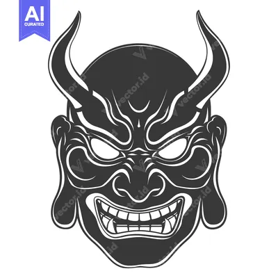Premium design asset: Black and White Illustration of a Japanese Demon Mask