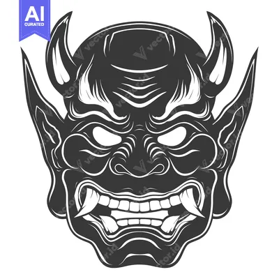 Premium design asset: Monochrome Illustration of a Japanese Oni Mask with Horns and Fangs