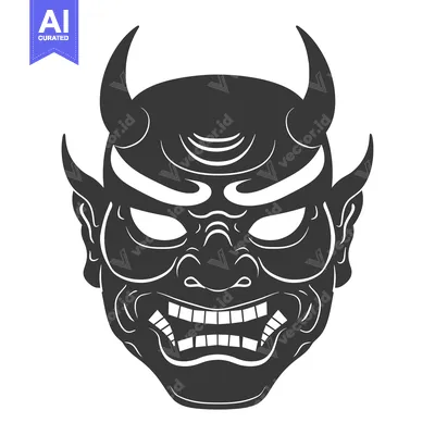 Aset desain premium: A detailed illustration of a traditional Japanese Oni mask with horns