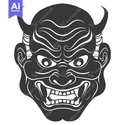 Aset premium populer: A Black and White Illustration of a Japanese Oni Mask