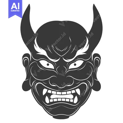 Aset desain premium: Black and White Illustration of a Japanese Oni Mask