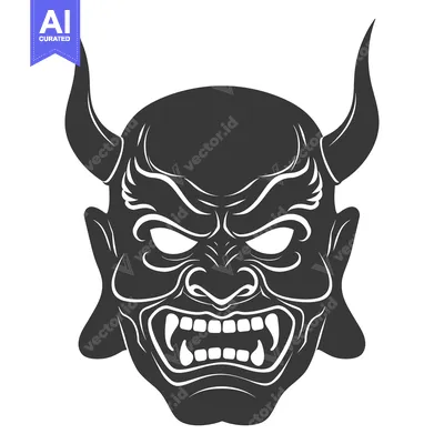 Premium design asset: A menacing Japanese oni mask with horns and a snarling mouth.