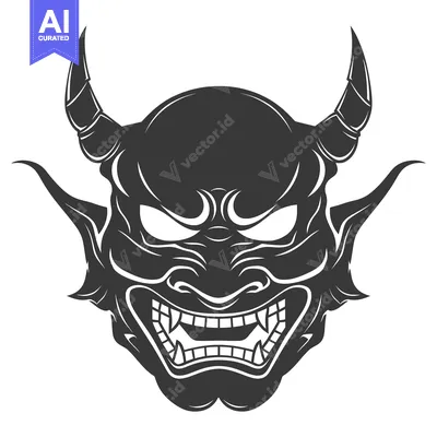 Aset desain premium: Black and White Illustration of a Japanese Oni Mask