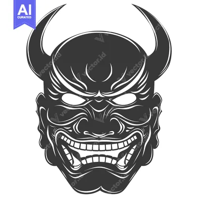 Aset desain premium: A detailed illustration of a traditional Japanese demon mask with horn