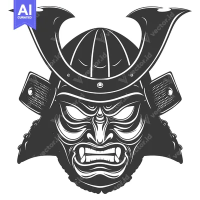 Aset desain premium: A detailed illustration of a samurai warrior's face with helmet and ar