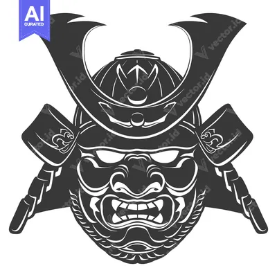 Aset desain premium: A Black and White Illustration of a Samurai Helmet and Mask