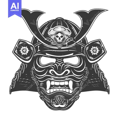 Aset premium populer: A Detailed Illustration of a Samurai Helmet with a Skull and Floral Mo