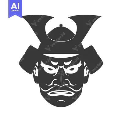Aset desain premium: A Silhouetted Samurai Warrior with a Serious Expression and Traditiona