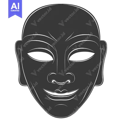 Aset desain premium: A black and white stylized illustration of a smiling face mask
