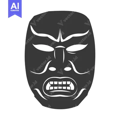 Aset desain premium: Black and white illustration of a traditional Japanese mask with a fie
