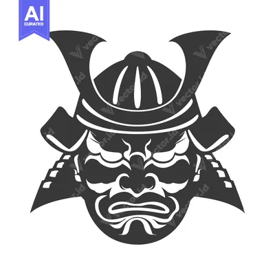 Premium design asset: Black and White Illustration of a Samurai Warrior's Face with Helmet