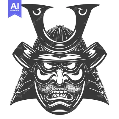 Aset desain premium: A fierce samurai warrior wearing a helmet and mask with a menacing exp