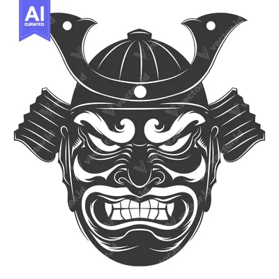 Aset desain premium: Monochrome Illustration of a Traditional Japanese Samurai Mask with a