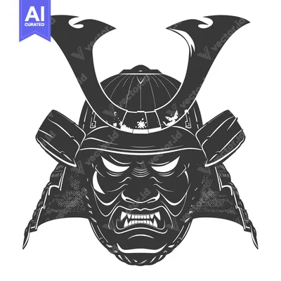 Aset desain premium: A Black and White Illustration of a Samurai Warrior's Mask and Helmet