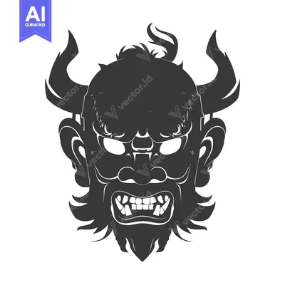 Aset desain premium: Black and White Silhouette of a Demon Mask with Horns