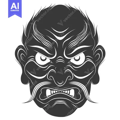 Aset desain premium: Black and White Illustration of an Angry Demon Mask