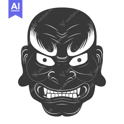 Aset desain premium: Black and White Illustration of a Japanese Oni Mask with Fangs