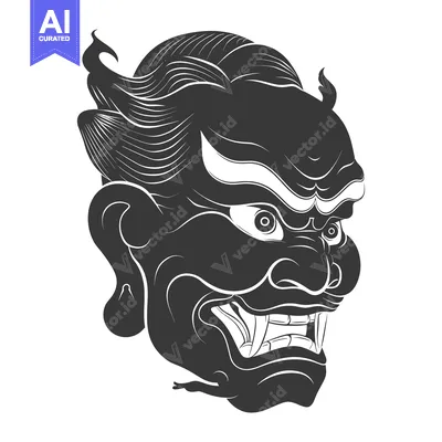 Aset desain premium: Black and White Illustration of an Oni Demon Head