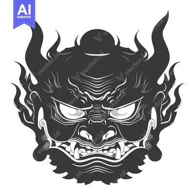 Aset desain premium: Black and White Illustration of a Ferocious Demon Face