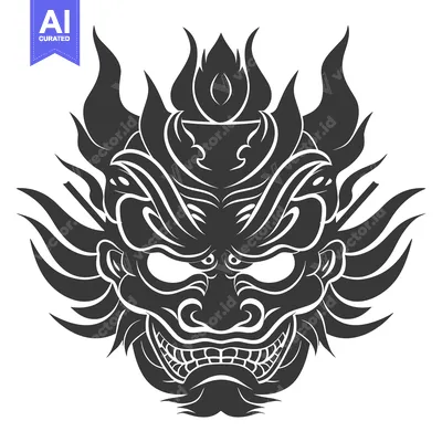 Premium design asset: Black and White Illustration of a Japanese Oni Mask with Flames