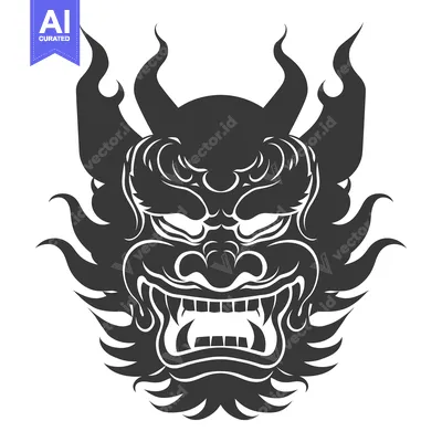 Aset premium populer: Black and White Illustration of a Japanese Demon Mask with Horns and F