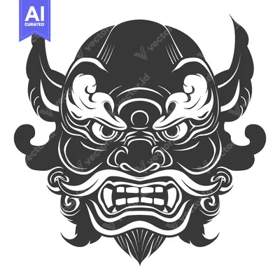 Aset desain premium: Black and White Illustration of a Japanese Oni Mask with a Third Eye