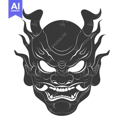 Aset desain premium: Black and White Illustration of a Japanese Oni Mask with Horns