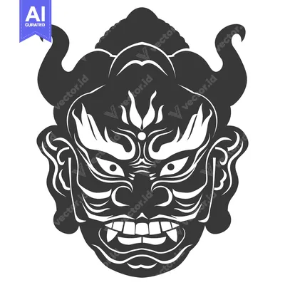 Premium design asset: A Detailed Monochrome Illustration of a Japanese Oni Mask with Intrica