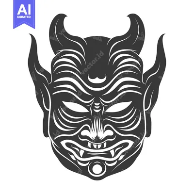 Premium design asset: Black and White Illustration of a Japanese Demon Mask