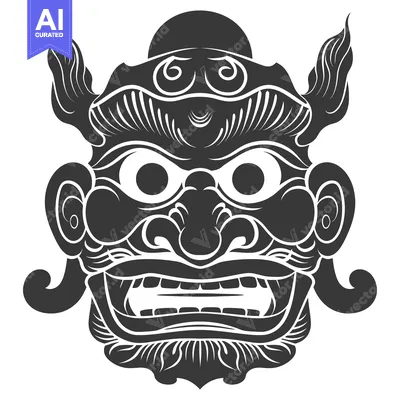 Aset premium populer: Detailed Black and White Illustration of a Traditional Asian Mask with