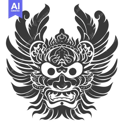 Aset desain premium: Black and White Illustration of a Stylized Dragon Head with Wings