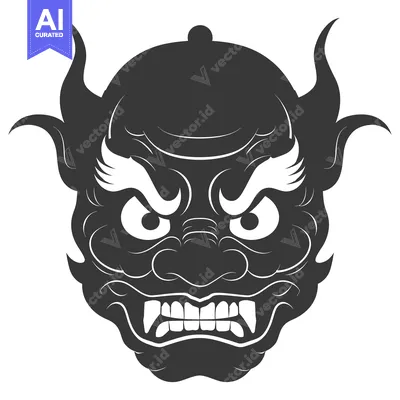 Popular premium asset: Illustration of a Japanese Demon Mask with Fangs and Horns