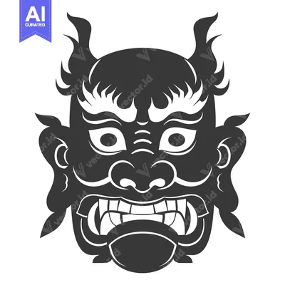 Aset desain premium: A Black and White Illustration of a Japanese Oni Mask