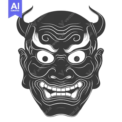 Premium design asset: Black and White Illustration of a Japanese Oni Mask with Horns