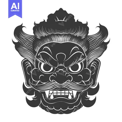 Aset desain premium: Black and White Illustration of a Ferocious Creature's Face