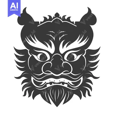 Aset desain premium: Black and White Illustration of a Dragon's Face with Horns