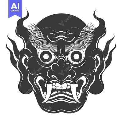 Aset desain premium: Black and White Illustration of a Ferocious Demon Mask