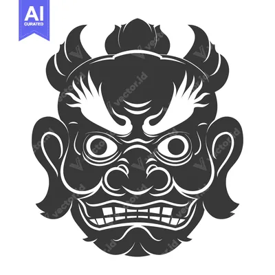 Aset desain premium: Black and White Illustration of a Japanese Oni Mask