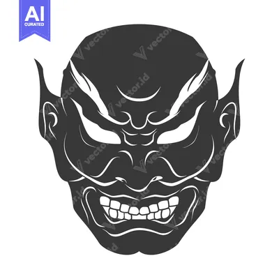 Aset desain premium: Black and White Illustration of a Japanese Oni Mask