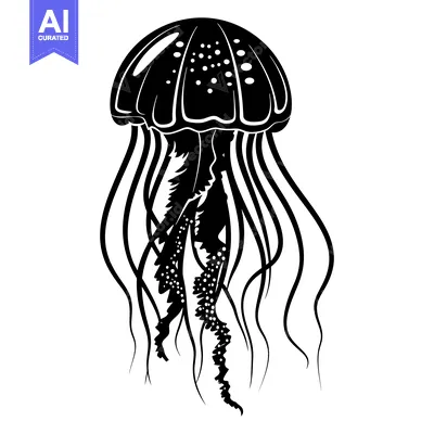Aset desain premium: Black and White Silhouette of a Jellyfish with Tentacles