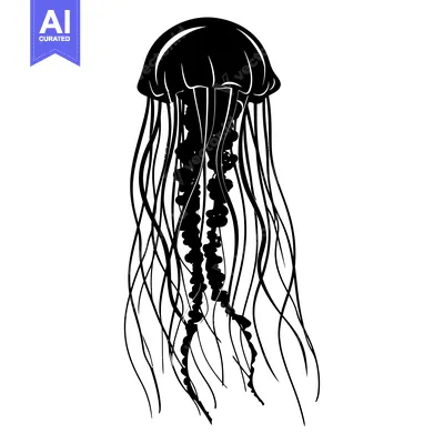 Aset desain premium: Black and White Silhouette of a Jellyfish with Long Tentacles
