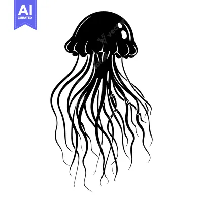 Black and white illustration of a jellyfish with long tentacles