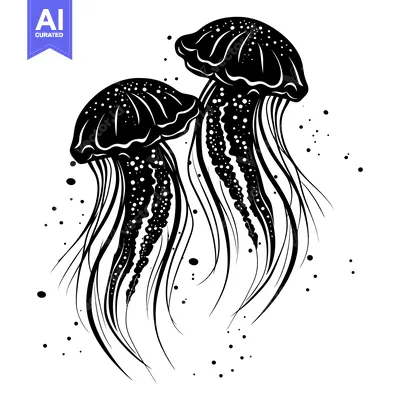 Aset desain premium: Black and White Silhouettes of Two Jellyfish with Tentacles