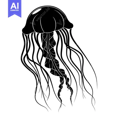 Black and White Silhouette of a Jellyfish with Long Tentacles