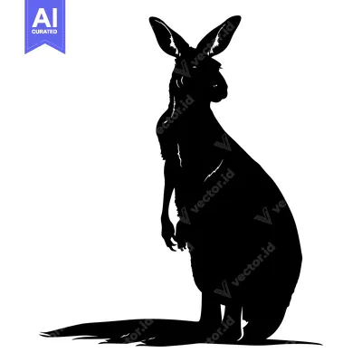 Aset desain premium: Black and White Silhouette of a Kangaroo Standing on White Background