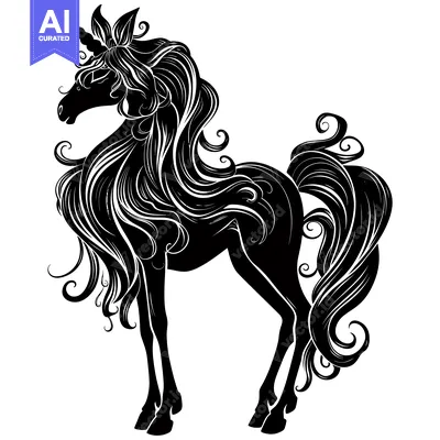 Popular premium asset: Black and White Silhouette of a Unicorn with Curly Mane and Tail