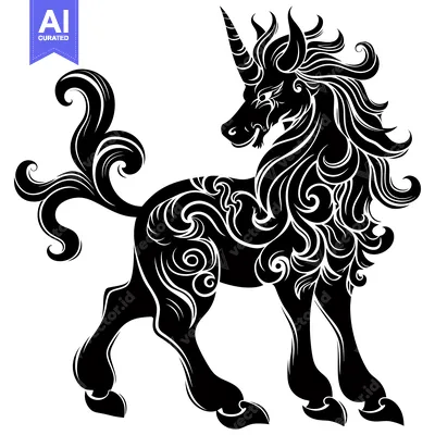Aset premium populer: A Black and White Ornamental Unicorn Silhouette